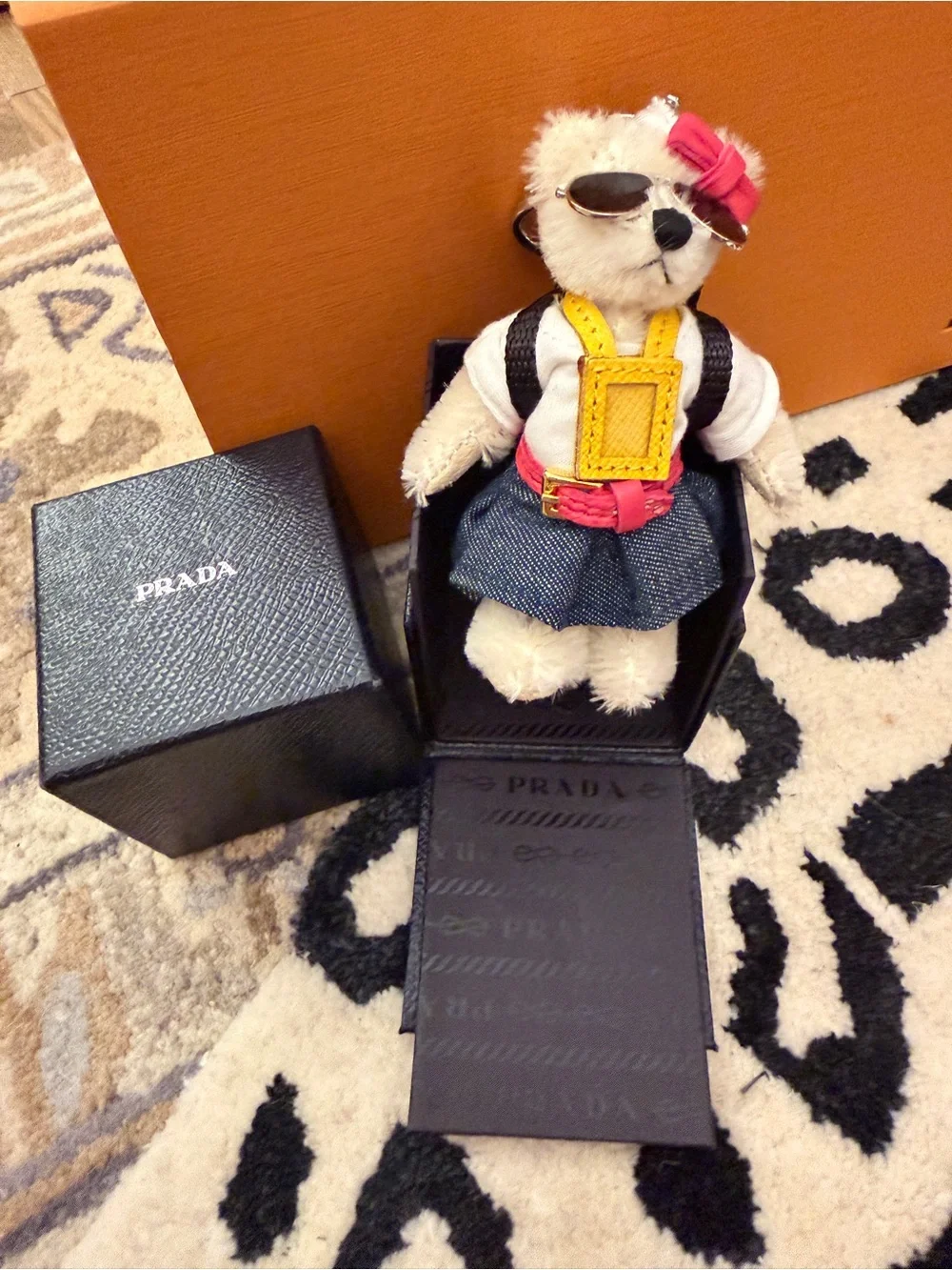 Prada Triangle Plate Bear Backpack with sunglasses Acrylic Ivory White Keychain